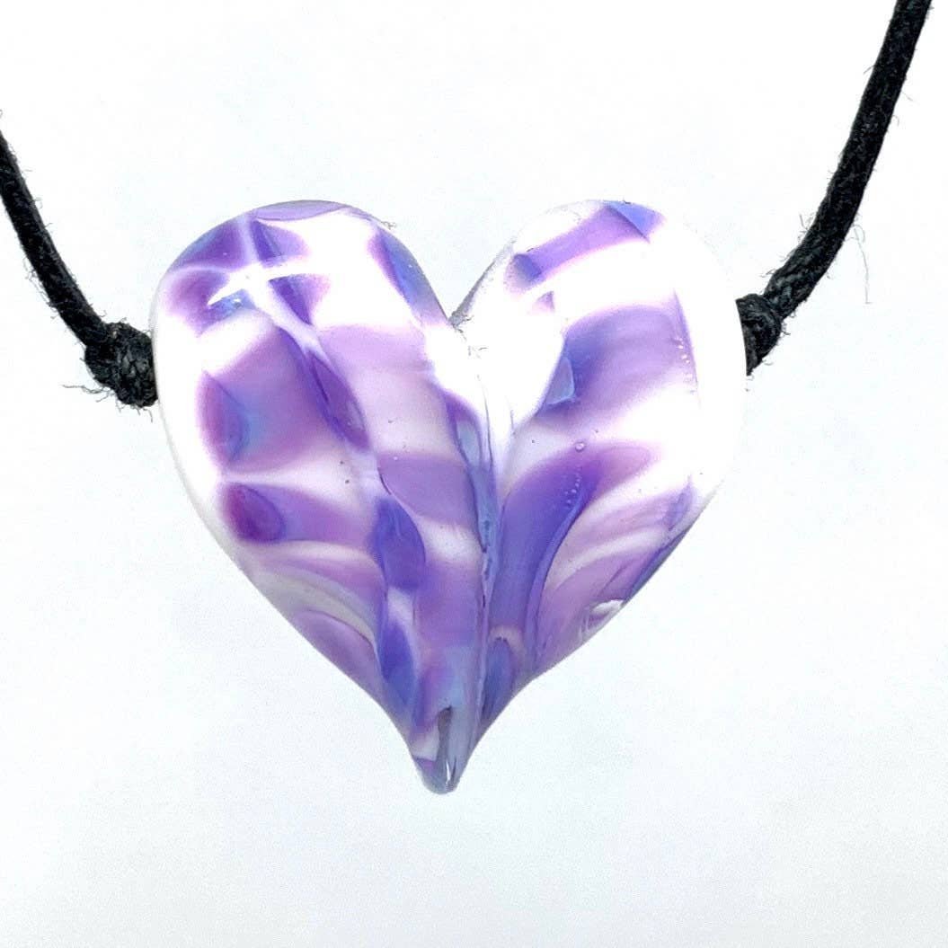 White + Purple Rose Confetti and Clear Glass Heart Flameworked Glass Necklace