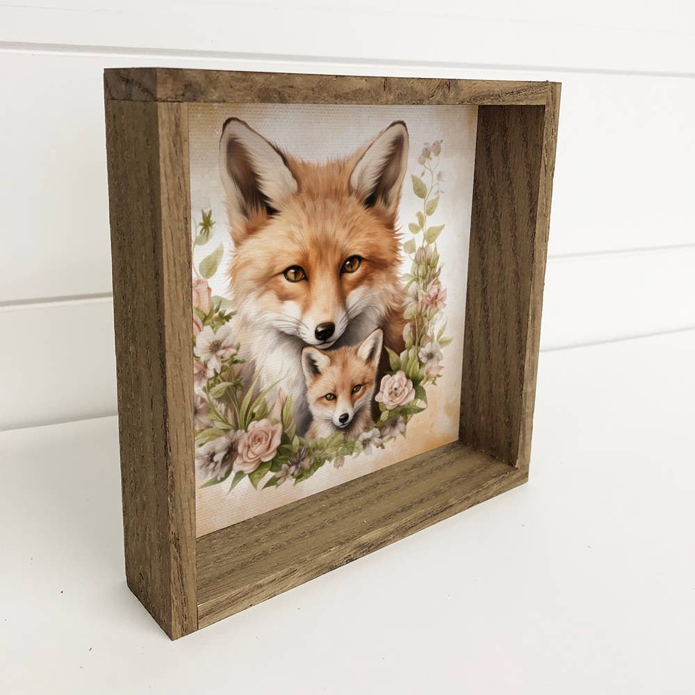 Mother Baby Fox Watercolor - Wood Framed