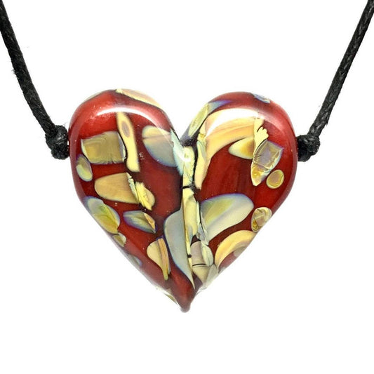 Red + Iris Orange Confetti Heart Flameworked Glass Necklace
