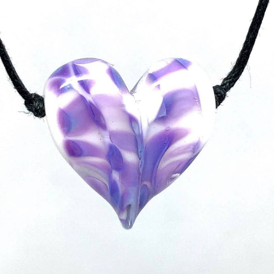 White + Purple Rose Confetti and Clear Glass Heart Flameworked Glass Necklace