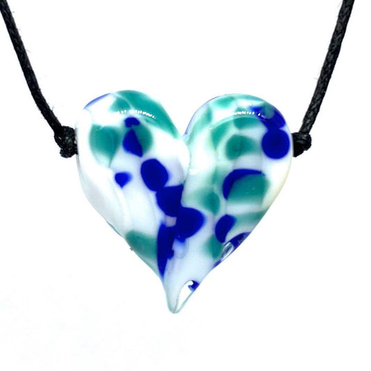 White + Turquoise and Lapis Confetti & Clear Wrap Heart Flameworked Glass Necklace
