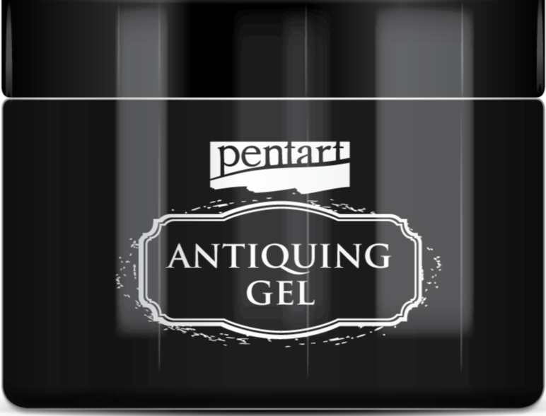 Black container of Pentart Antiquing Gel on a white background