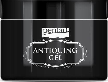 Black container of Pentart Antiquing Gel on a white background