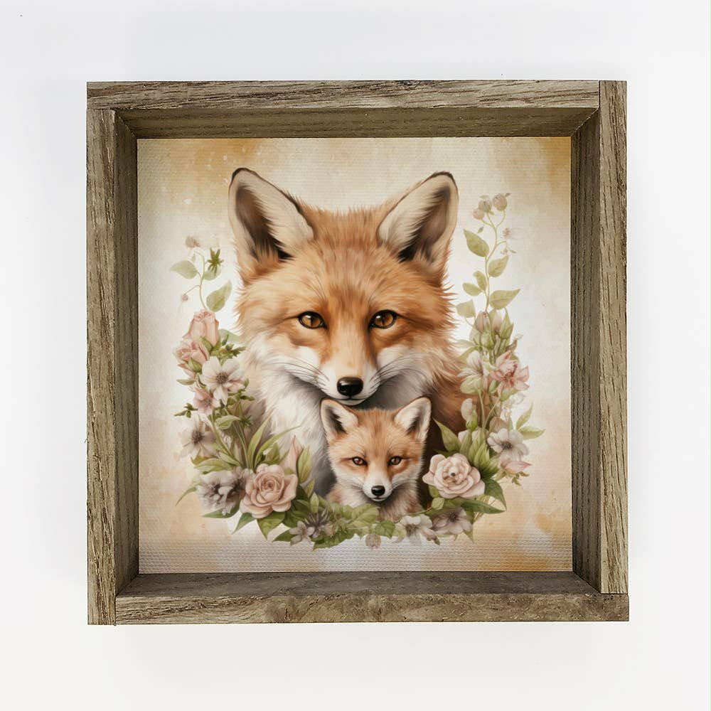 Mother Baby Fox Watercolor - Wood Framed