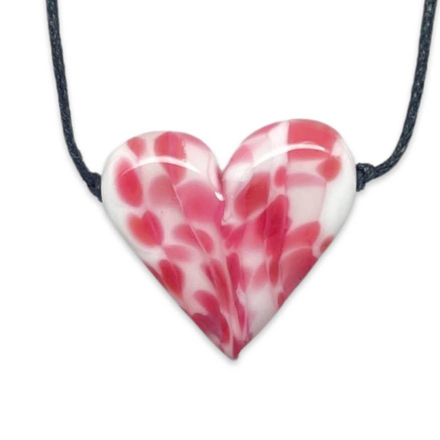 White + Pink Confetti and Clear Wrap Heart Flameworked Glass Necklace