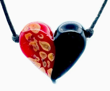 Black, Red and Tan Heart Flameworked Glass Necklace