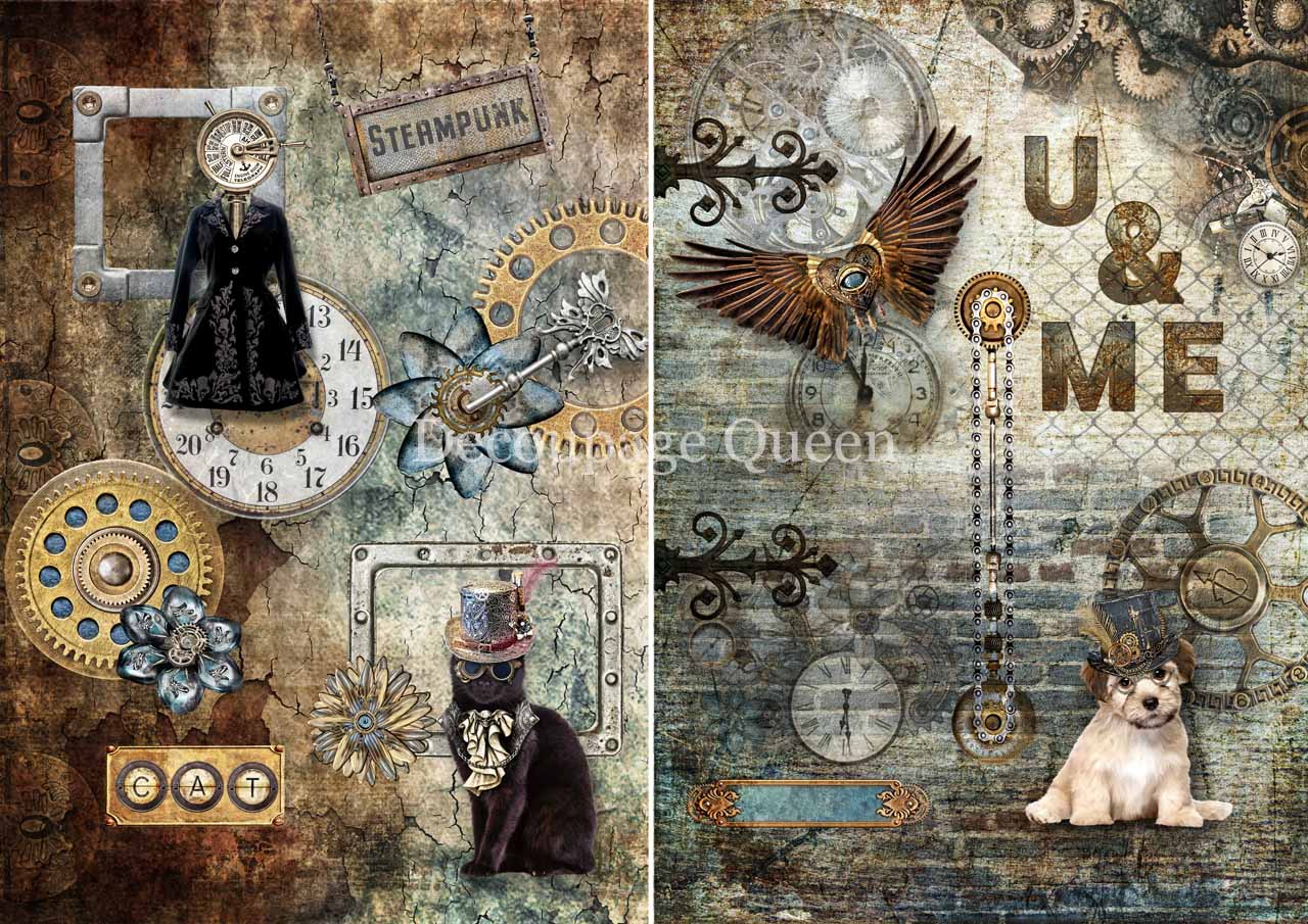 Decoupage Queen A4 Rice Paper Steampunk Pets 2 Pack