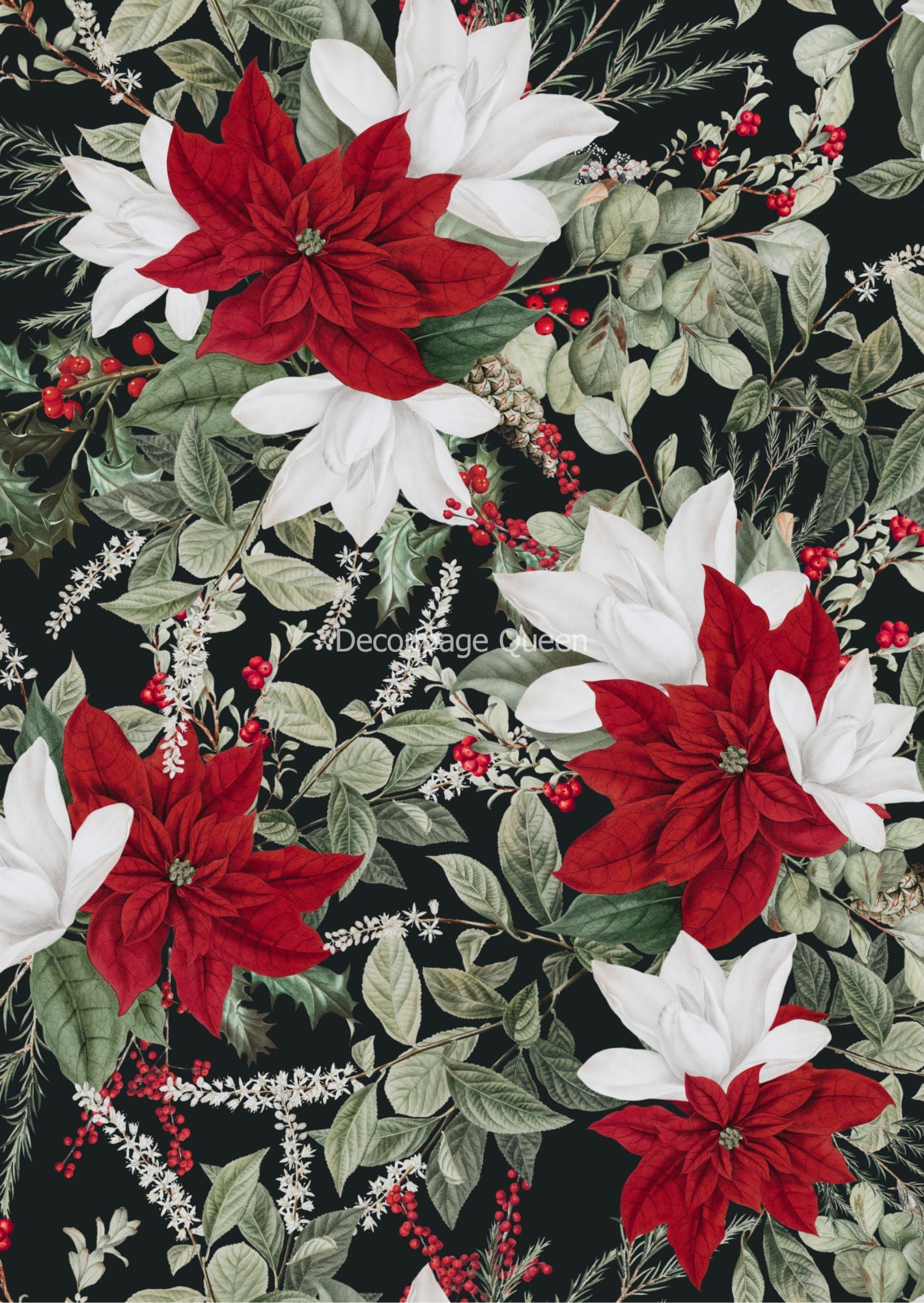 Decoupage Queen A4 Rice Paper Forest Lore Christmas Floral Black