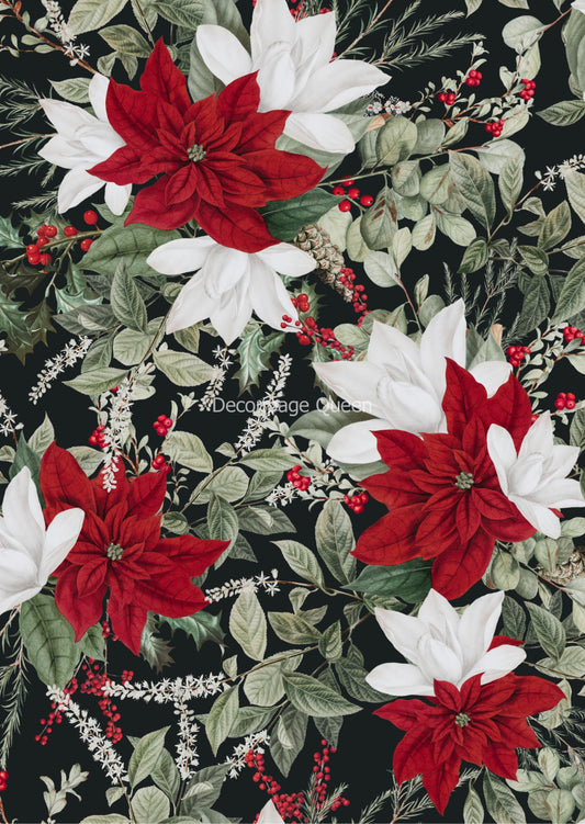 Decoupage Queen A4 Rice Paper Forest Lore Christmas Floral Black