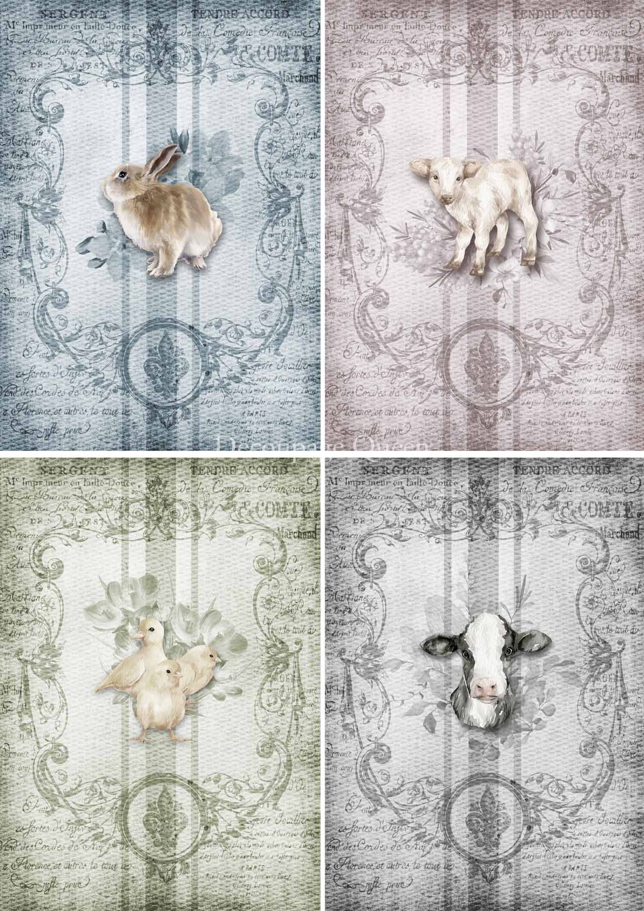 Decoupage Queen A4 Rice Paper Spring Animals 4 Pack