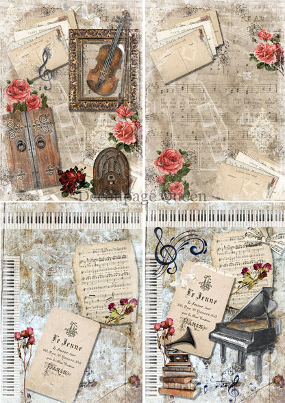 Decoupage Queen A4 Rice Paper Music 4 Pack