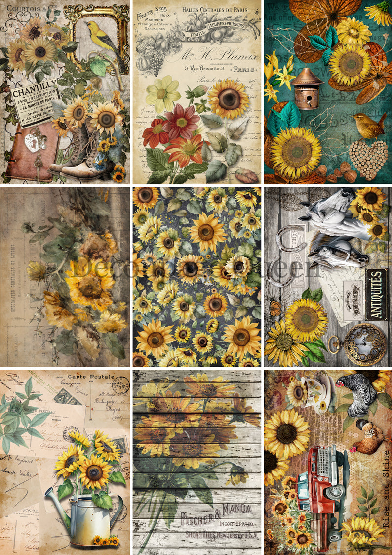 Decoupage Queen A3 & A4 Rice Paper Sunflower Journaling 9-pack