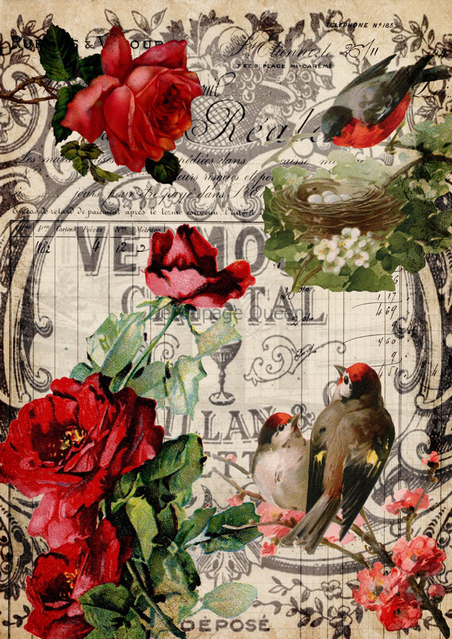 Decoupage Queen A4 Rice Paper Red Roses and Birds