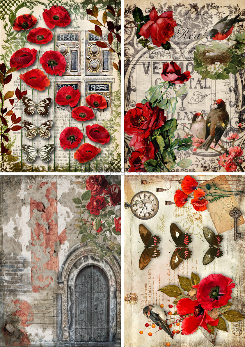 Decoupage Queen A4 Rice Paper Roses and Poppies 4 Pack