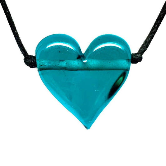 Dark Teal Transparent Heart Flameworked Glass Necklace